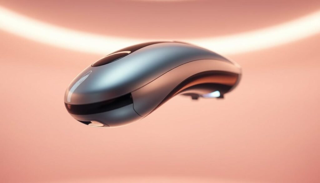 A close-up shot of the Glowin Beaute OligioX device, showcasing its sleek, modern design with a metallic silver and black color scheme. The device is levitating against a soft, diffused lighting backdrop, emitting a gentle glow that radiates a sense of technological sophistication. The image emphasizes the device's key features, such as its ergonomic shape and strategically placed electrodes, highlighting the device's ability to deliver a non-invasive, pain-free skin tightening and lifting treatment. The overall atmosphere conveys a sense of futuristic elegance and the promise of transformative skin rejuvenation.