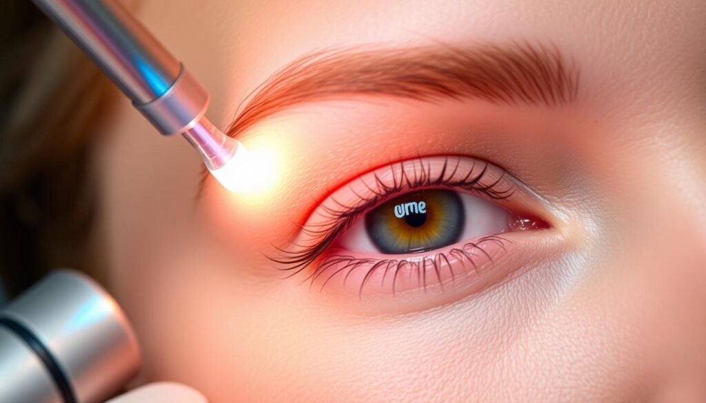 A close-up view of a human eye undergoing a laser-based eyebrow treatment. The skin around the eye is smooth and clear, with a faint shimmer from the laser's energy. The eyebrow area is the focal point, illuminated by a focused beam of light that subtly reshapes the brow. The treatment is performed by a skilled derBeaute technician, carefully controlling the laser's intensity and movement to achieve a natural, well-groomed appearance. The scene conveys a sense of precision, safety, and the advanced technology underlying this non-invasive cosmetic procedure. A close-up view of a human eye undergoing a laser-based eyebrow treatment. The skin around the eye is smooth and clear, with a faint shimmer from the laser's energy. The eyebrow area is the focal point, illuminated by a focused beam of light that subtly reshapes the brow. The treatment is performed by a skilled derBeaute technician, carefully controlling the laser's intensity and movement to achieve a natural, well-groomed appearance. The scene conveys a sense of precision, safety, and the advanced technology underlying this non-invasive cosmetic procedure.