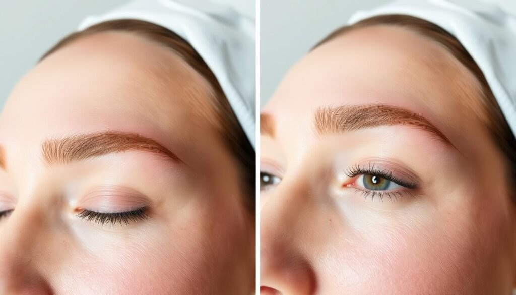 High-resolution, detailed side-by-side comparison of eyebrow transformation before and after laser eyebrow treatment at derBeaute clinic. Crisp, bright studio lighting illuminates clean, white background. Closeup shots from multiple angles showcase smooth, defined eyebrows with natural color and shape on the right, contrasted with uneven, sparse brows on the left. Elegant, minimalist styling highlights the dramatic, yet natural-looking results of the non-invasive laser eyebrow treatment. Soft, warm tones and muted colors convey a sense of professionalism and expertise. High-resolution, detailed side-by-side comparison of eyebrow transformation before and after laser eyebrow treatment at derBeaute clinic. Crisp, bright studio lighting illuminates clean, white background. Closeup shots from multiple angles showcase smooth, defined eyebrows with natural color and shape on the right, contrasted with uneven, sparse brows on the left. Elegant, minimalist styling highlights the dramatic, yet natural-looking results of the non-invasive laser eyebrow treatment. Soft, warm tones and muted colors convey a sense of professionalism and expertise.
