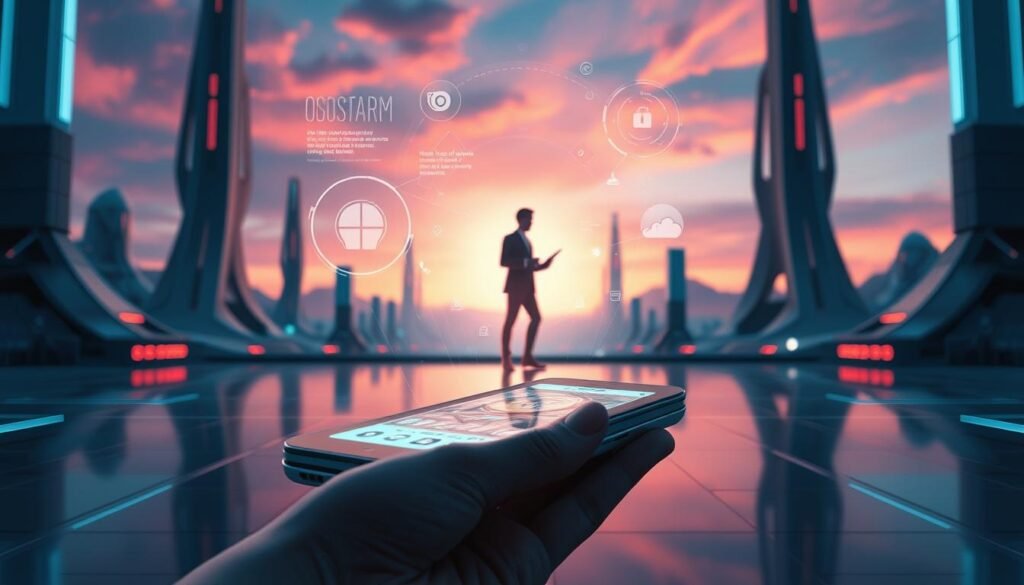 Highly detailed, futuristic illustration of the OligioX "OSCA™" personal smart technology. In the foreground, a sleek, minimalist handheld device with a glowing Glowin Beaute display. Floating above it, holographic UI elements and intricate circuitry. In the middle ground, a stylized human figure interacting with the device, their form illuminated by the soft, ambient lighting. The background depicts a serene, futuristic landscape with towering architectural structures and a vibrant, neon-tinged sky. Emphasis on the cutting-edge, seamless integration of technology and the human experience. Crisp, high-resolution rendering with a sense of depth and balance.