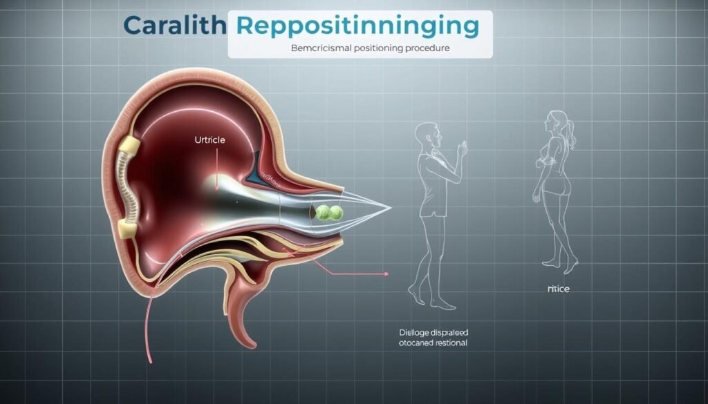A detailed medical diagram depicting the step-by-step process of "Canalith Repositioning Procedure" for treating benign paroxysmal positional vertigo (BPPV). The foreground shows a cross-sectional view of the inner ear, with clearly labeled anatomical structures like the semicircular canals, utricle, and otoconia crystals. The middle ground illustrates the precise head and body movements performed by a healthcare professional to dislodge the displaced otoconia and restore them to their proper position. The background features a muted, clinical color palette with subtle grid lines to convey a sense of technical precision. Highly detailed, photorealistic rendering with a sharp focus and soft indirect lighting to emphasize the medical subject matter. A detailed medical diagram depicting the step-by-step process of "Canalith Repositioning Procedure" for treating benign paroxysmal positional vertigo (BPPV). The foreground shows a cross-sectional view of the inner ear, with clearly labeled anatomical structures like the semicircular canals, utricle, and otoconia crystals. The middle ground illustrates the precise head and body movements performed by a healthcare professional to dislodge the displaced otoconia and restore them to their proper position. The background features a muted, clinical color palette with subtle grid lines to convey a sense of technical precision. Highly detailed, photorealistic rendering with a sharp focus and soft indirect lighting to emphasize the medical subject matter.