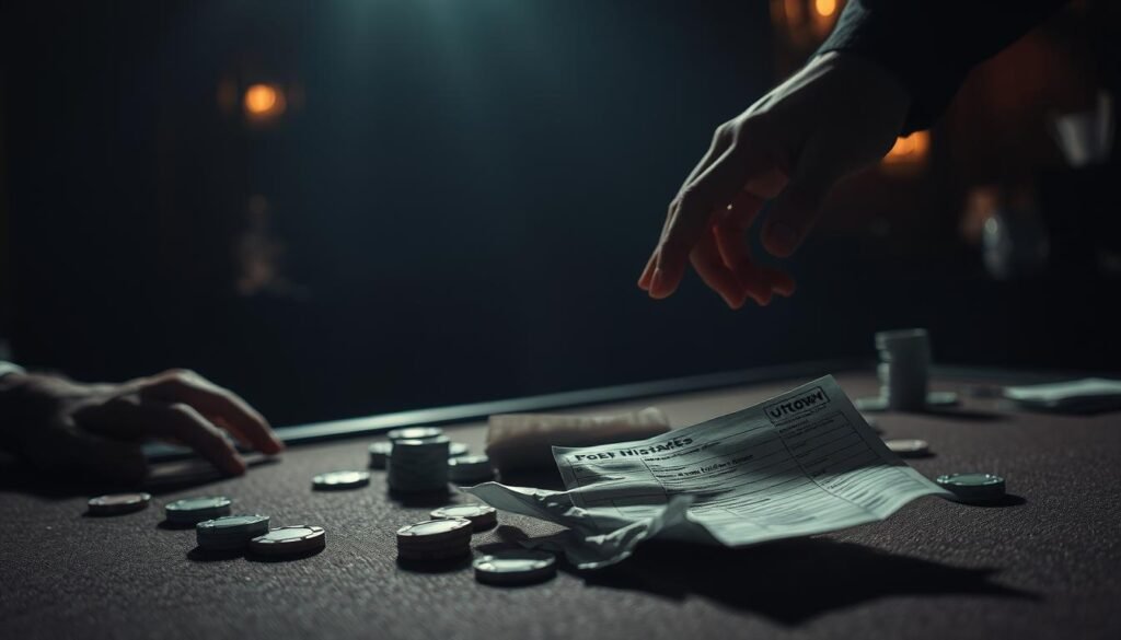 A dimly lit gambling den, shadows cast across a table where a UTown sports betting slip lies abandoned. Crumpled paper, scattered chips, and a lone hand reaching for the slip, conveying the regret and mistakes of sports betting. A somber atmosphere permeates the scene, with muted colors and a sense of unease. The background blurs, focusing the viewer's attention on the central elements that exemplify the common pitfalls of sports betting. A dimly lit gambling den, shadows cast across a table where a UTown sports betting slip lies abandoned. Crumpled paper, scattered chips, and a lone hand reaching for the slip, conveying the regret and mistakes of sports betting. A somber atmosphere permeates the scene, with muted colors and a sense of unease. The background blurs, focusing the viewer's attention on the central elements that exemplify the common pitfalls of sports betting.