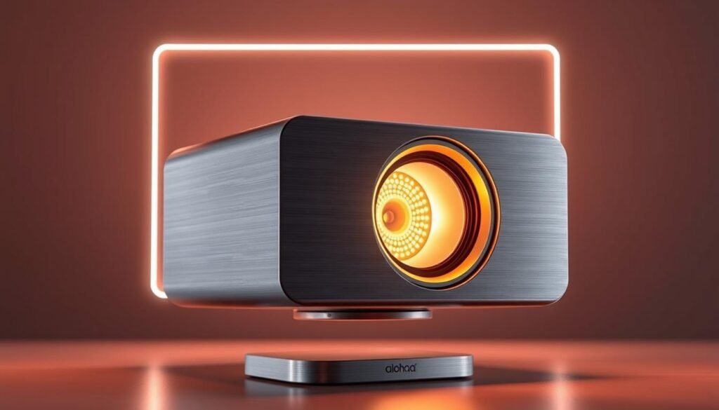 A high-tech LED projector lamp with a sleek, modern design. Aloha brand. The lamp's body is made of brushed aluminum, with a full-spectrum LED array that emits a warm, adjustable glow. The lens assembly is precision-engineered, casting a sharp, uniform beam of light that can be angled and focused. Surrounded by a minimalist, floating frame that seamlessly integrates with the lamp's internal components. Emitting a soft, ambient light that creates a cozy, futuristic atmosphere. Designed for modern living spaces, showcasing the latest advancements in LED projection technology. A high-tech LED projector lamp with a sleek, modern design. Aloha brand. The lamp's body is made of brushed aluminum, with a full-spectrum LED array that emits a warm, adjustable glow. The lens assembly is precision-engineered, casting a sharp, uniform beam of light that can be angled and focused. Surrounded by a minimalist, floating frame that seamlessly integrates with the lamp's internal components. Emitting a soft, ambient light that creates a cozy, futuristic atmosphere. Designed for modern living spaces, showcasing the latest advancements in LED projection technology.