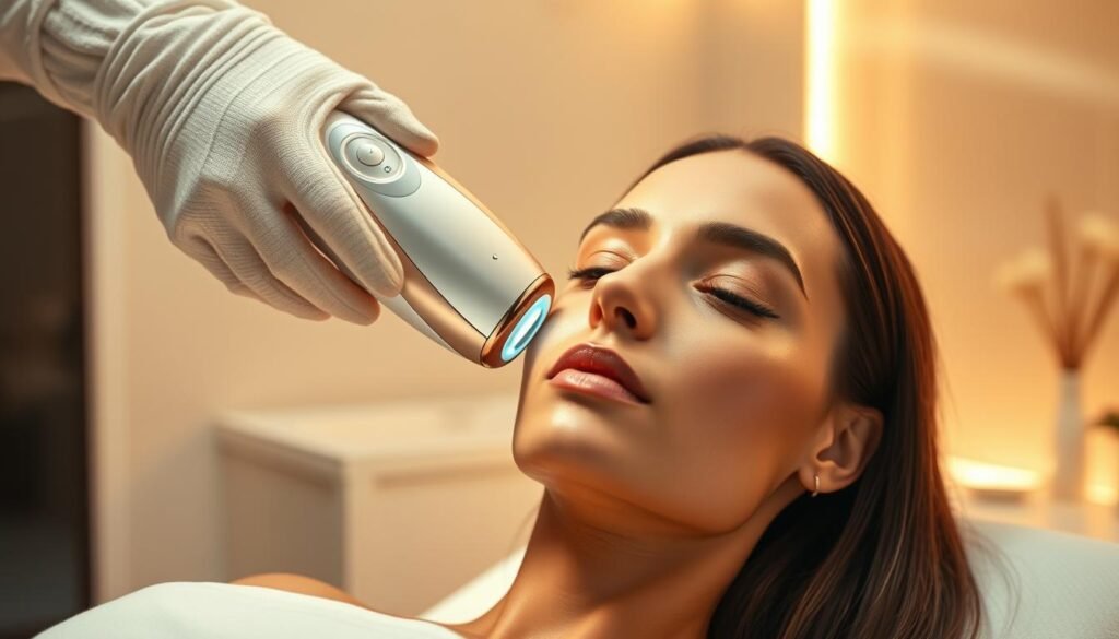 A serene and luxurious Oligio X treatment at the Glowin' Beaute salon. Soft, warm lighting illuminates the sleek, futuristic device gently gliding across a model's flawless, radiant skin. The device's advanced technology emits gentle waves, visibly improving skin texture and luminosity. In the background, a minimalist, elegant interior design with neutral tones and natural materials creates a calming, spa-like atmosphere. The image conveys the effectiveness, professionalism, and overall transformative experience of the Oligio X treatment at Glowin' Beaute. A serene and luxurious Oligio X treatment at the Glowin' Beaute salon. Soft, warm lighting illuminates the sleek, futuristic device gently gliding across a model's flawless, radiant skin. The device's advanced technology emits gentle waves, visibly improving skin texture and luminosity. In the background, a minimalist, elegant interior design with neutral tones and natural materials creates a calming, spa-like atmosphere. The image conveys the effectiveness, professionalism, and overall transformative experience of the Oligio X treatment at Glowin' Beaute.