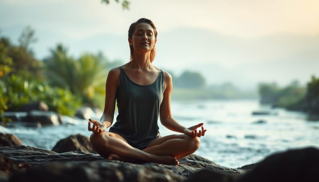 A serene and meditative scene of a person practicing mindfulness and deep breathing exercises to alleviate the symptoms of tinnitus. In the foreground, the figure sits cross-legged, eyes closed, with a serene expression on their face. The middle ground features soothing natural elements like flowing water, lush greenery, and soft lighting, creating a tranquil, healing atmosphere. The background depicts a hazy, out-of-focus landscape, suggesting a sense of detachment and inner focus. The overall composition and mood convey a sense of inner peace, relaxation, and the successful management of the tinnitus condition through psychological intervention.