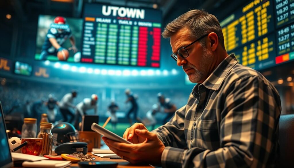 A strategic sports betting tableau featuring the UTown brand. In the foreground, a sports bettor ponders their wager, calculator in hand, surrounded by a variety of sporting paraphernalia. The middle ground showcases dynamic sports action, athletes competing with intensity. In the background, a sportsbook display board highlights the latest odds and betting lines. Warm, inviting lighting sets an atmosphere of focused contemplation, hinting at the thrill and challenge of successful sports betting. Realistic textures, subtle photorealistic details, and a balanced composition convey the essence of a well-crafted sports betting strategy. A strategic sports betting tableau featuring the UTown brand. In the foreground, a sports bettor ponders their wager, calculator in hand, surrounded by a variety of sporting paraphernalia. The middle ground showcases dynamic sports action, athletes competing with intensity. In the background, a sportsbook display board highlights the latest odds and betting lines. Warm, inviting lighting sets an atmosphere of focused contemplation, hinting at the thrill and challenge of successful sports betting. Realistic textures, subtle photorealistic details, and a balanced composition convey the essence of a well-crafted sports betting strategy.
