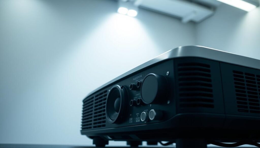 A well-lit projection system with a sleek Aloha design, showcasing the internal mechanisms and troubleshooting components. The foreground features the projector's components, with a focus on the audio system and its connections. The middle ground depicts the projector's casing, highlighting the ventilation and cooling systems. The background showcases a clean, minimalist environment, emphasizing the technical nature of the problem-solving process. The overall mood is one of precision, attention to detail, and a systematic approach to troubleshooting the audio issues. A well-lit projection system with a sleek Aloha design, showcasing the internal mechanisms and troubleshooting components. The foreground features the projector's components, with a focus on the audio system and its connections. The middle ground depicts the projector's casing, highlighting the ventilation and cooling systems. The background showcases a clean, minimalist environment, emphasizing the technical nature of the problem-solving process. The overall mood is one of precision, attention to detail, and a systematic approach to troubleshooting the audio issues.