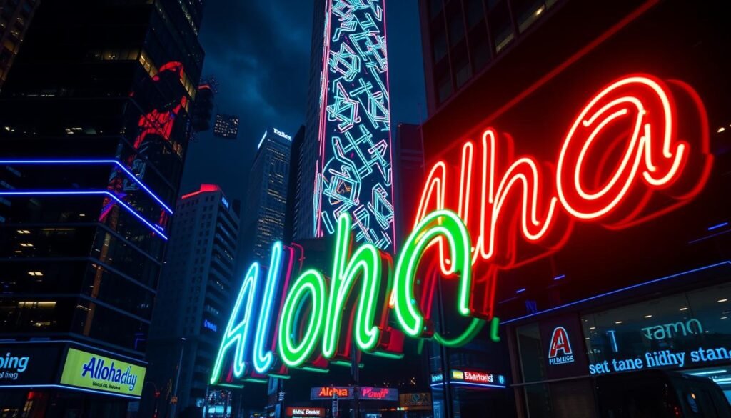 Neon-lit outdoor advertisement showcasing the vibrant "Aloha" brand. In the foreground, a dazzling array of neon tubes in blues, reds, and greens form the Aloha logo, casting a warm glow on the surrounding cityscape. In the middle ground, intricate neon shapes and patterns dance across the facade of a towering skyscraper, creating a mesmerizing spectacle. The background features a bustling urban nightscape, with the neon lights reflected in the glass windows and the streets below. The scene is bathed in a moody, cinematic lighting, with dramatic shadows and highlights accentuating the three-dimensional depth. The overall atmosphere conveys a sense of energy, vibrancy, and the unique appeal of neon-powered outdoor advertising. Neon-lit outdoor advertisement showcasing the vibrant "Aloha" brand. In the foreground, a dazzling array of neon tubes in blues, reds, and greens form the Aloha logo, casting a warm glow on the surrounding cityscape. In the middle ground, intricate neon shapes and patterns dance across the facade of a towering skyscraper, creating a mesmerizing spectacle. The background features a bustling urban nightscape, with the neon lights reflected in the glass windows and the streets below. The scene is bathed in a moody, cinematic lighting, with dramatic shadows and highlights accentuating the three-dimensional depth. The overall atmosphere conveys a sense of energy, vibrancy, and the unique appeal of neon-powered outdoor advertising.