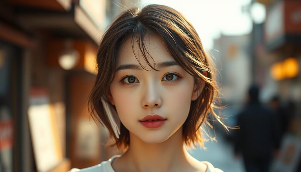 A captivating portrait of the popular Japanese idol, 伊藤舞雪, in a serene UTown setting. Her gentle expression and delicate features are accentuated by soft, natural lighting, creating a sense of tranquility. The background is a blurred, warm-toned urban landscape, hinting at the fame and attention surrounding this rising star. The composition is balanced, with the subject's gaze drawing the viewer in, capturing the essence of her allure and the intriguing online rumors surrounding her.