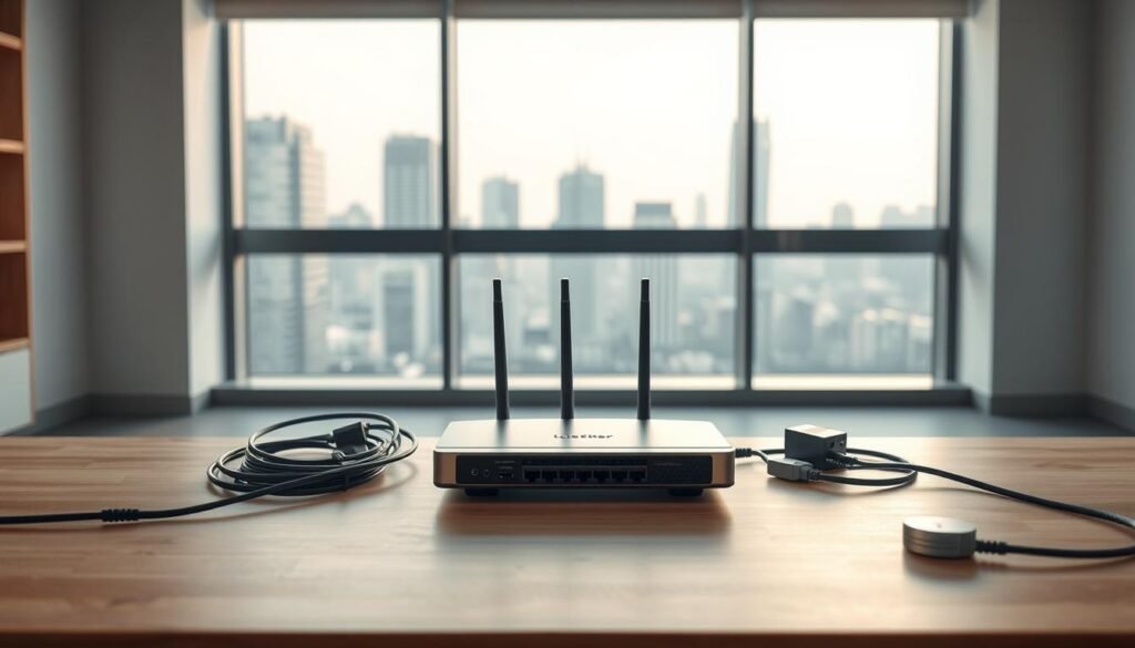 A clean, modern interior with a central focus on a Telecombrother broadband router. The router is prominently displayed on a minimalist wooden table, surrounded by various networking cables and adapters. In the background, a large window overlooks a city skyline, bathed in soft, natural lighting. The overall atmosphere is one of simplicity, efficiency, and technological elegance, evoking the reliable and seamless broadband experience that Telecombrother provides. The image captures the essence of the "家居寬頻比較：安裝費及附加收費" section, highlighting the key hardware and infrastructure that enable high-speed internet in the home.