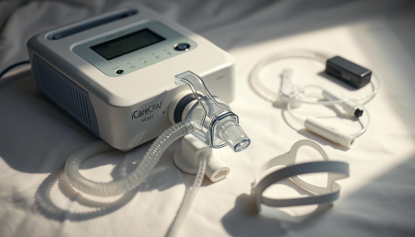 A close-up view of an iCareCPAP sleep apnea machine, its components meticulously arranged on a clean, white surface. The machine's sleek, modern design is complemented by the soft, diffused lighting that casts gentle shadows, highlighting its intricate details. The tubing, mask, and other accessories are positioned neatly, conveying a sense of order and cleanliness. The overall scene evokes a sense of care and attention to maintaining the device, essential for its proper function and the user's health and well-being.