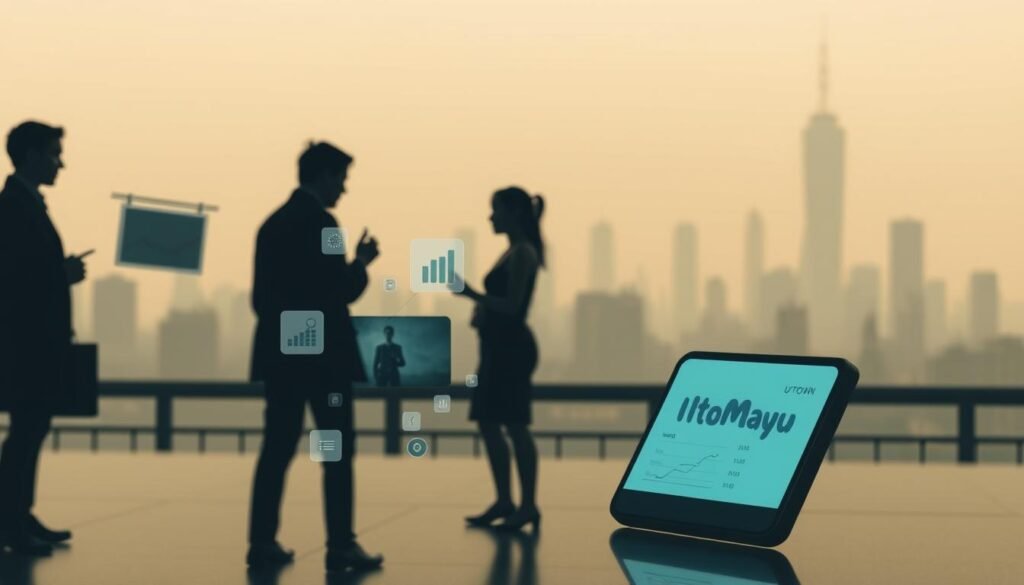 A detailed analysis of the authenticity of the "Ito Mayu" leaked video, set against a backdrop of a stylized UTown cityscape. Soft, muted colors create a thoughtful, investigative atmosphere. The foreground features a 3D model of a smartphone screen displaying the video in question, surrounded by floating data visualizations and analytical charts. The middle ground depicts the silhouettes of researchers and fact-checkers, deep in discussion. In the background, a hazy UTown skyline sets the scene, hinting at the broader societal context of online misinformation.