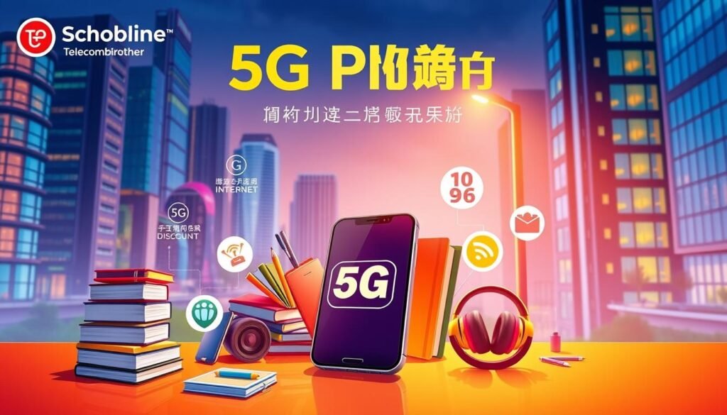 A detailed illustration of a "5G Plan 額外優惠" from Telecombrother, showcasing various student-centric benefits. In the foreground, a sleek smartphone with a prominent "5G" icon, surrounded by icons representing high-speed internet, unlimited data, and exclusive discounts. In the middle ground, a colorful array of student-focused items like textbooks, laptops, and headphones, all subtly integrated into the scene. The background features a vibrant cityscape with modern architecture, conveying a sense of urban connectivity and technological advancement. The lighting is warm and inviting, creating a welcoming atmosphere for the student audience. The overall composition and color palette aim to highlight the comprehensive nature of Telecombrother's 5G plan and its tailored benefits for the student demographic.