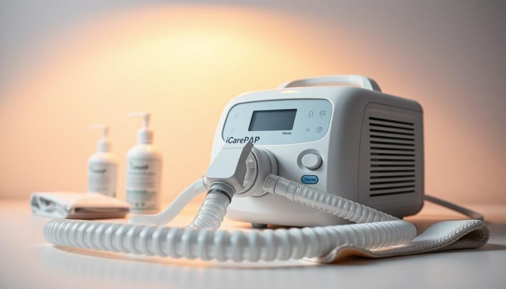 A detailed, well-lit close-up of a white CPAP machine with the iCareCPAP brand name prominently displayed on the front panel. The machine is resting on a clean, minimalist surface, with a soft, diffused lighting from an overhead source creating a warm, inviting atmosphere. The foreground focuses on the machine's components, such as the tubing, mask, and water chamber, all of which appear meticulously clean and well-maintained. The middle ground includes various cleaning supplies, such as disinfecting wipes and a soft cloth, subtly suggesting the routine maintenance required for this essential medical device. The background fades into a clean, neutral backdrop, allowing the CPAP machine to be the central focus of the image. A detailed, well-lit close-up of a white CPAP machine with the iCareCPAP brand name prominently displayed on the front panel. The machine is resting on a clean, minimalist surface, with a soft, diffused lighting from an overhead source creating a warm, inviting atmosphere. The foreground focuses on the machine's components, such as the tubing, mask, and water chamber, all of which appear meticulously clean and well-maintained. The middle ground includes various cleaning supplies, such as disinfecting wipes and a soft cloth, subtly suggesting the routine maintenance required for this essential medical device. The background fades into a clean, neutral backdrop, allowing the CPAP machine to be the central focus of the image.