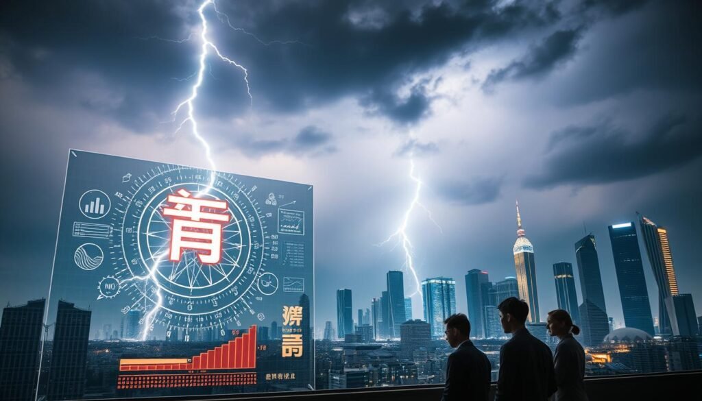 A dramatic lightning bolt illuminates the night sky, casting a powerful, electric glow across an UTown cityscape. In the foreground, a digital display flashes with cryptic, celestial-inspired symbols and graphs, representing the "雷神訊號" - a complex system of data analysis that holds the key to predicting market trends. The middle ground features a group of data analysts intently studying the display, their expressions a mix of concentration and anticipation. In the background, skyscrapers and futuristic architecture stand tall, creating a sense of technological advancement and innovation. The overall mood is one of mystery, excitement, and the promise of financial success through the mastery of the "雷神訊號".