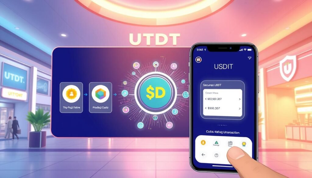 A high-resolution, realistic illustration of the USDT transaction process at the UTown entertainment complex. The scene depicts the seamless flow of digital currency transfers, with a well-designed user interface showcasing the transaction steps. The foreground features a user-friendly mobile app or web interface, displaying clear instructions and intuitive controls. The middle ground shows the secure USDT network processing the transactions, with stylized icons and data visualizations. The background includes the UTown logo and branding, conveying a sense of trust and reliability. The overall image should have a clean, modern aesthetic with a calming, professional tone to match the subject matter.