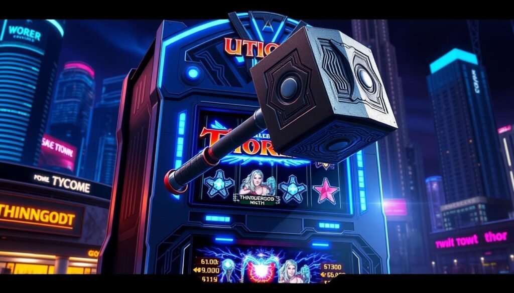 A high-tech, futuristic slot machine featuring the iconic hammer of the Norse thunder god Thor, the "UTown Thundergod's Hammer Slot Machine" stands tall against a backdrop of neon-lit cityscape. Sleek metallic panels, intricate circuit patterns, and glowing blue accents create an electrifying atmosphere. The machine's central display showcases vibrant, dynamic graphics and animations, inviting players to experience the power of the Thundergod's might. Dramatic lighting casts dramatic shadows, heightening the sense of excitement and anticipation. This cutting-edge slot machine promises an unforgettable gaming experience, blending Norse mythology with advanced technology.