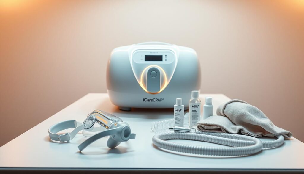 A pristine, well-maintained iCareCPAP machine sits atop a sleek, modern medical table, illuminated by warm, directional lighting. The device's smooth, white casing gleams, reflecting the crisp, clinical atmosphere of the scene. In the foreground, a disassembled mask and tubing lie neatly arranged, indicating the user's diligent maintenance routine. The middle ground features a collection of cleaning supplies, including a soft cloth and sanitizing solution, hinting at the user's attentive care for their equipment. The background fades into a serene, neutral-toned environment, allowing the iCareCPAP to take center stage as the focal point of this meticulously composed image. A pristine, well-maintained iCareCPAP machine sits atop a sleek, modern medical table, illuminated by warm, directional lighting. The device's smooth, white casing gleams, reflecting the crisp, clinical atmosphere of the scene. In the foreground, a disassembled mask and tubing lie neatly arranged, indicating the user's diligent maintenance routine. The middle ground features a collection of cleaning supplies, including a soft cloth and sanitizing solution, hinting at the user's attentive care for their equipment. The background fades into a serene, neutral-toned environment, allowing the iCareCPAP to take center stage as the focal point of this meticulously composed image.