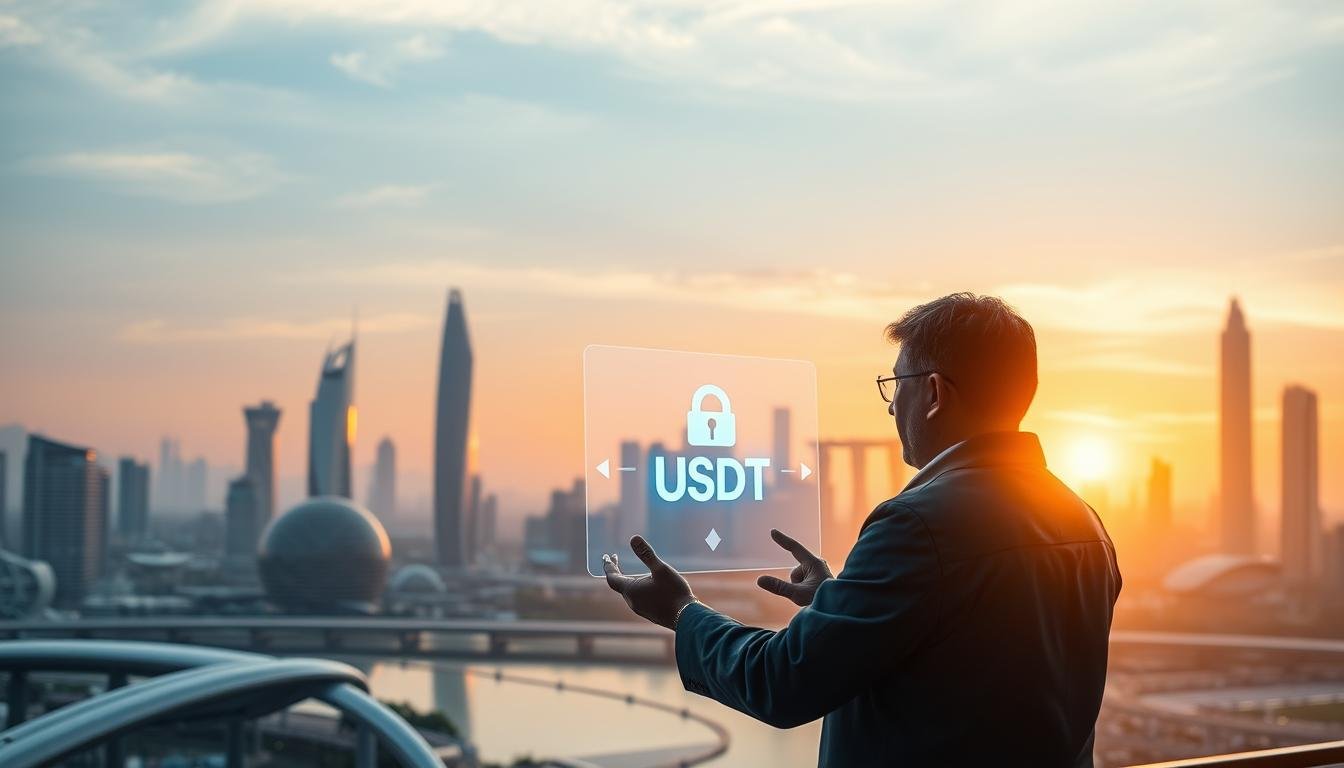 A serene and secure financial transaction in a digital UTown environment. The scene depicts a well-lit, futuristic city landscape with sleek, modern architecture. In the foreground, a user is securely conducting a USDT transaction on a holographic display, highlighting the convenience and safety of this digital payment method. The middle ground showcases the UTown skyline, with towering skyscrapers and advanced transportation systems. The background features a warm, vibrant sunset, conveying a sense of prosperity and technological advancement. The overall atmosphere exudes a feeling of trust, efficiency, and technological sophistication associated with the USDT payment system within the UTown ecosystem.