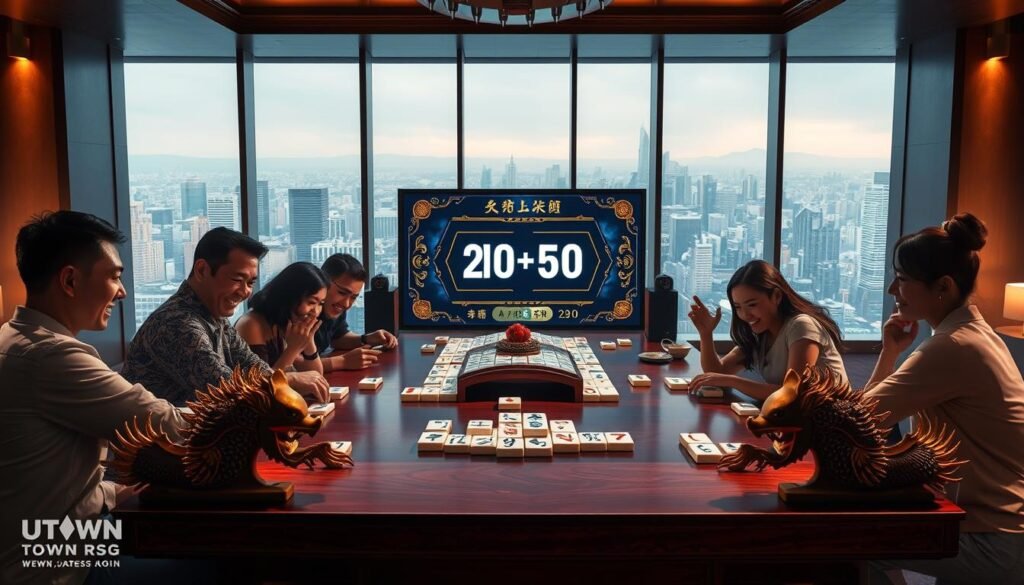 A vibrant and captivating scene of the UTown RSG mahjong game, showcasing its free-to-play experience and lucrative bonus features. In the foreground, a group of friends eagerly gather around a well-lit mahogany table, their faces alight with anticipation as they anticipate the reveal of the next tile. Intricate carved dragons and phoenixes adorn the table's edges, casting dynamic shadows that dance across the scene. In the middle ground, a large screen displays the game's user interface, highlighting the game's signature "double or nothing" mechanic, tempting players with the prospect of exponential rewards. The background features a sophisticated, modern interior, with floor-to-ceiling windows offering a panoramic view of a bustling urban skyline, creating a sense of energy and excitement. Soft, warm lighting and a muted color palette evoke a cozy, inviting atmosphere, perfectly capturing the essence of the UTown RSG mahjong experience.