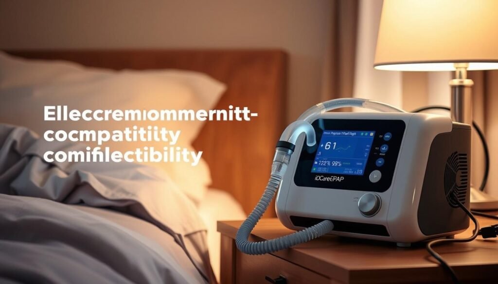An image of a sleep apnea CPAP machine and its electromagnetic compatibility considerations in a home environment. The machine is the iCareCPAP model, featuring a sleek, modern design with a large digital display. The machine is positioned on a bedside table, with a power cord and tubing neatly arranged. The background depicts a cozy bedroom setting, with soft lighting and muted colors to convey a sense of tranquility. The image emphasizes the importance of electromagnetic compatibility, highlighting the potential interference between the CPAP machine and other household electronics. The overall mood is one of thoughtful consideration for the safe and effective use of the CPAP machine in a home setting.