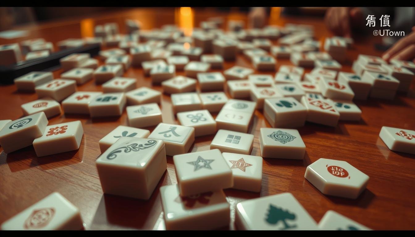Detailed close-up shot of a UTown brand mahjong table, with the tiles clearly visible and scattered randomly. The tiles are high-quality, with intricate designs and textures. The table surface is made of polished wood, creating a warm and inviting atmosphere. Soft, warm lighting illuminates the scene, casting subtle shadows and highlights on the tiles. The camera angle is slightly elevated, providing a bird's-eye view of the table, capturing the dynamic and engaging nature of the mahjong game. The overall composition conveys a sense of anticipation and the thrill of the game, reflecting the subject matter of the "RSG麻將發了爆率統計研究：翻倍機制與回報率的數據分析" section.