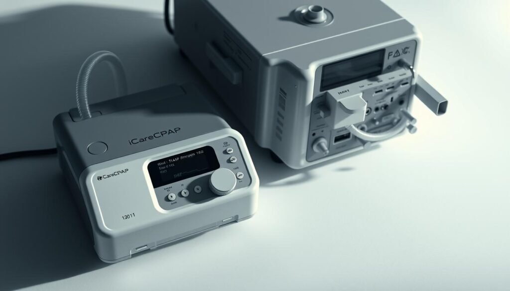 A close-up view of a modern iCareCPAP sleep apnea machine and a traditional respiratory ventilator, both resting on a minimalist, monochrome background. The sleep apnea machine has a sleek, minimalist design with a digital display, various control knobs, and air tubing. The respiratory ventilator is larger, with a more complex interface and various ports and connections. Soft, directional lighting illuminates the devices from the side, casting subtle shadows and highlights to emphasize their forms and textures. The overall mood is clinical yet elegant, focusing on the technical details and functionality of these essential medical devices.
