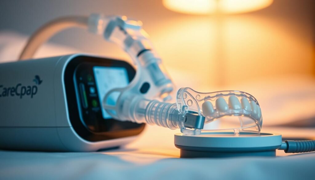 A detailed close-up of a sleep apnea device and dental appliance working in harmony. In the foreground, an iCareCPAP CPAP machine with a sleek, modern design rests alongside a clear plastic dental retainer. The middle ground features the CPAP mask and hose, expertly integrated with the dental appliance. The background is softly blurred, creating a calm, clinical atmosphere. Warm, diffused lighting illuminates the scene, highlighting the sophisticated medical technologies and their seamless compatibility. The overall impression conveys the feasibility and effectiveness of using these devices in conjunction for optimal sleep and respiratory health.