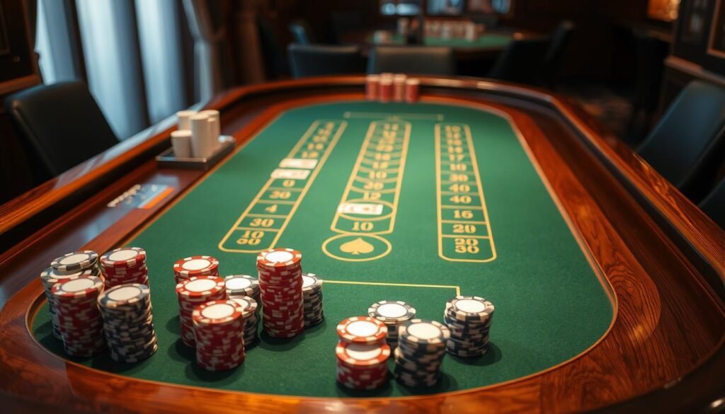 A stylish and elegant casino table, the green felt surface shimmering under warm, focused lighting. Sleek wooden edges frame the table, exuding an air of sophistication. Stacks of casino chips in various denominations are neatly arranged, hinting at the strategic game of baccarat unfolding. The table is empty, inviting the viewer to imagine the flow of cards, the anticipation of each bet, and the thrill of the game. The overall scene conveys a sense of refined luxury, perfectly capturing the essence of the "百家樂規則與投注策略的關聯" section.