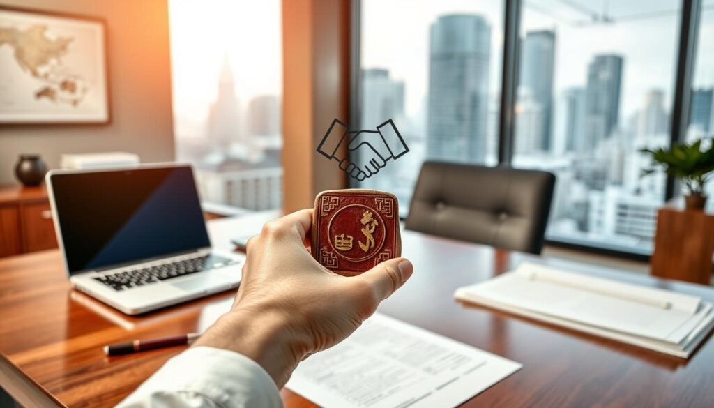 A well-lit office interior with a wooden desk, a laptop, and some financial documents neatly arranged. In the foreground, a hand holds a Chinese-style chop seal, symbolizing the reliability and legitimacy of the private lending recommendation. The middle ground features a stylized icon of a handshake, conveying the trust and collaboration between the lender and borrower. The background showcases a cityscape through a large window, hinting at the broader economic context. The overall atmosphere exudes a sense of professionalism, security, and confidence in the private lending process.
