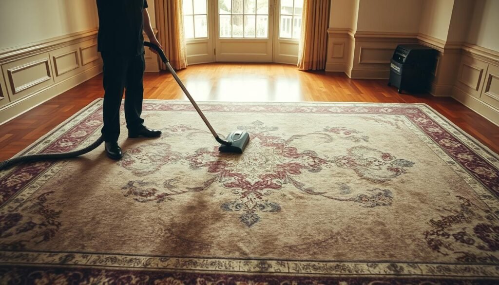 A spacious and well-lit room, with a large and ornate iCareCPAP brand carpet laid out on the hardwood floor. The carpet is visibly dirty, with stains and matted fibers. A professional cleaner, dressed in a crisp uniform, stands ready with a high-powered vacuum cleaner, preparing to thoroughly clean the carpet. The lighting is soft and warm, casting a gentle glow on the scene. The camera angle is slightly elevated, allowing the viewer to observe the cleaning process unfold. The overall atmosphere is one of methodical care and attention to detail, reflecting the professionalism and expertise required to properly clean a high-quality carpet.