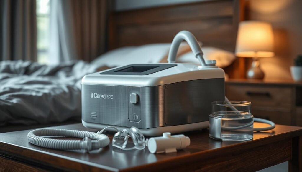 A high-quality, advanced iCareCPAP sleep apnea machine resting on a wooden table in a cozy bedroom. The device has a sleek, modern design with brushed aluminum accents and a discreet control panel. Soft, diffused lighting from a nearby lamp creates a warm, comforting atmosphere. The machine is surrounded by essential accessories like a nasal mask, tubing, and a water chamber, all neatly organized. The image conveys a sense of simplicity, functionality, and attention to detail, reflecting the sophisticated yet user-friendly nature of the iCareCPAP system.