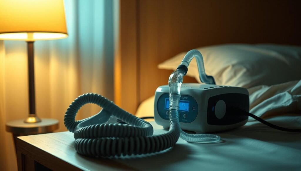 Dimly lit bedroom with a bedside table, showcasing an iCareCPAP sleep apnea machine. The machine's hose and mask are prominently displayed, highlighting the key components of the respiratory setup. The environment is slightly humid, with condensation visible on the machine's surface, reflecting the impact of the room's moisture levels. Warm, soft lighting from a table lamp creates a cozy, therapeutic atmosphere, emphasizing the importance of a comfortable sleep environment for effective CPAP therapy.
