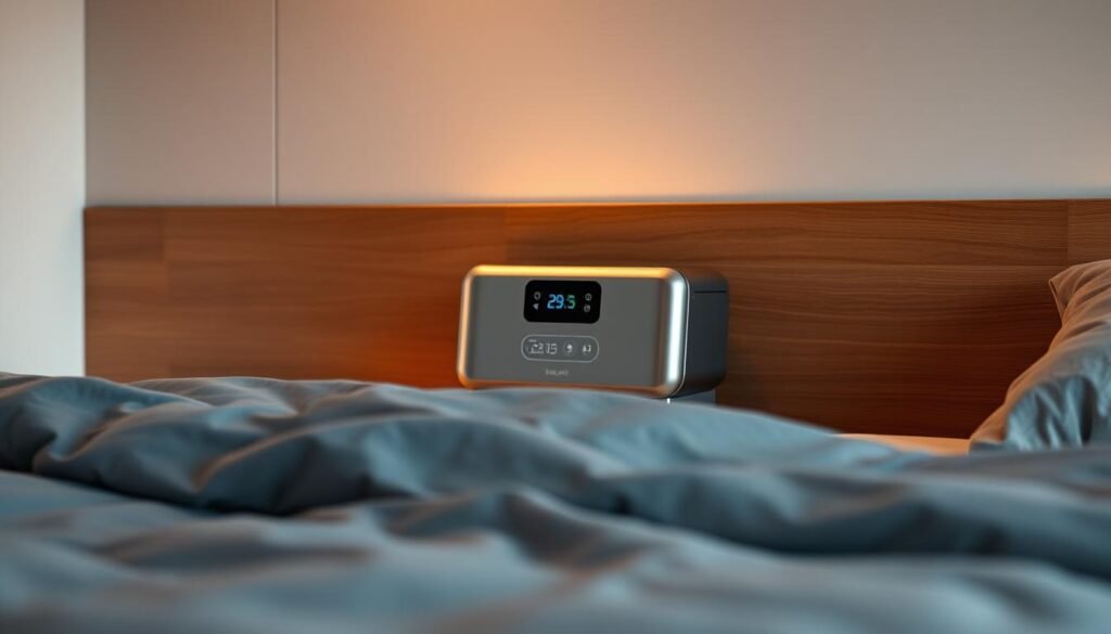 A sleek, modern iCareCPAP sleep apnea machine sits prominently on a minimalist, wood-paneled nightstand. The device's clean, brushed-metal finish gleams under the warm, indirect lighting, casting soft shadows across the surface. In the foreground, a plush, gray comforter invites the viewer to imagine a restful, rejuvenating night's sleep. The background features a serene, neutral-toned wall, creating a calming, spa-like atmosphere. The composition emphasizes the machine's role as a discreet, yet essential, part of the sleep environment, highlighting the iCareCPAP's sophisticated design and the professional, tailored service offered by the "Yalan Sleep Apnea Machine Specialty Store".