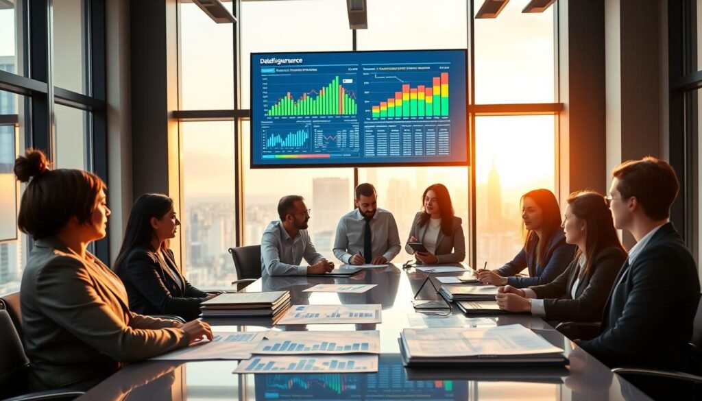 A modern, high-tech office setting with a large digital screen displaying colorful graphs and analytics related to advertising data governance. In the foreground, a diverse group of professionals, dressed in smart business attire, collaborate around a sleek conference table, discussing strategies. The middle ground features charts and folders with labeled data sets, emphasizing the importance of data governance in advertising decisions. The background shows large windows revealing a city skyline bathed in soft, natural light, creating a productive atmosphere. The composition should convey a sense of teamwork and innovation, with a warm color palette that evokes trust and professionalism. Use a shallow depth of field to focus on the professionals while softly blurring the background elements.