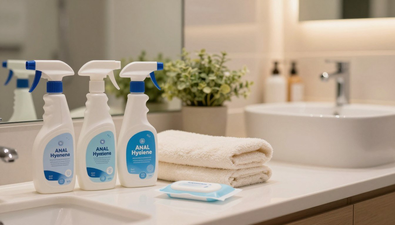 A serene bathroom scene focused on the importance of anal hygiene and care. In the foreground, a neatly arranged selection of professional-grade cleaning tools, such as sprayers and wipes, is displayed on a pristine countertop. In the middle, a soft, fluffy towel sits next to a decorative plant, embodying a clean and inviting atmosphere. The background features a softly lit bathroom with warm lighting, enhancing the calm and intimate vibe. The overall mood is nurturing and educational, emphasizing cleanliness and self-care. The image is captured from a gentle angle, creating a cozy and welcoming environment, aiming to foster a sense of comfort and well-being. The aspect ratio is 4:3.