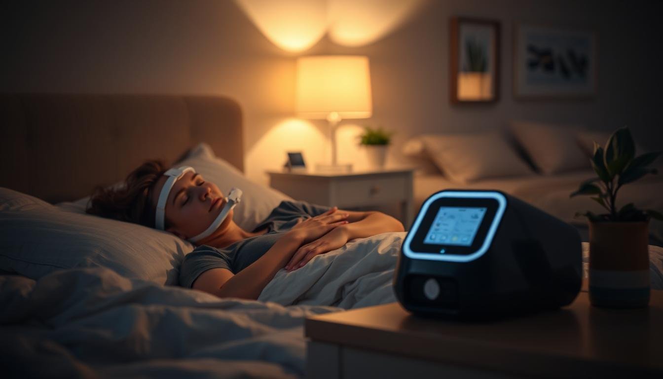 A serene bedroom environment at night, softly illuminated by a warm, gentle light. In the foreground, a person in modest casual clothing comfortably rests in bed, wearing a modern sleep apnea machine. Their expression is peaceful, conveying tranquility and restfulness. In the middle area, the sleep apnea machine is clearly visible on a bedside table, highlighting its importance, with a small potted plant adding a touch of warmth to the scene. The background shows a calming bedroom decor, with muted colors and soothing artwork on the walls. The composition should have a soft focus, capturing the essence of a restful sleep atmosphere, while emphasizing the beneficial use of the sleep apnea machine.