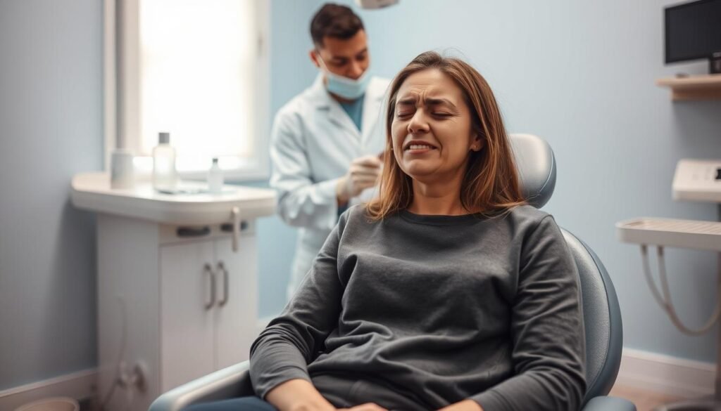 A serene dental clinic setting, focusing on a comfortable patient chair in the foreground. On the chair, a patient is depicted, dressed in modest casual clothing, wincing slightly in discomfort, showcasing signs of post-operative swelling around the jaw, highlighting the impact of wisdom tooth surgery. In the middle, a dental professional is attentively providing care, wearing a white coat and gloves, with a gentle expression, illustrating compassion. The background features dental tools organized neatly on a tray and a soothing color palette of soft blues and whites, creating a calm atmosphere. Soft, diffused lighting enhances the intimate space, casting gentle shadows while keeping the focus on the subject’s care, evoking a sense of trust and professionalism in the dental environment.