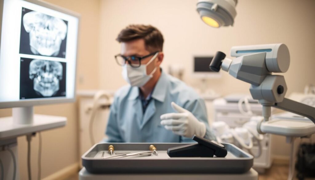 A skilled dental professional diligently performing a root canal procedure in a well-equipped dental office. In the foreground, a focused dentist, wearing a professional lab coat, protective eyewear, and gloves, examines a detailed dental x-ray on a bright light box. In the middle, dental tools like an endodontic file and a surgical microscope are prominently displayed on a sterile tray, emphasizing the technical aspect of the procedure. The background features soft, natural lighting that creates a calming atmosphere, with equipment and instruments neatly arranged, reflecting the precision and care involved in emergency dental interventions. The overall mood is one of professionalism, expertise, and attentive care in addressing dental challenges.