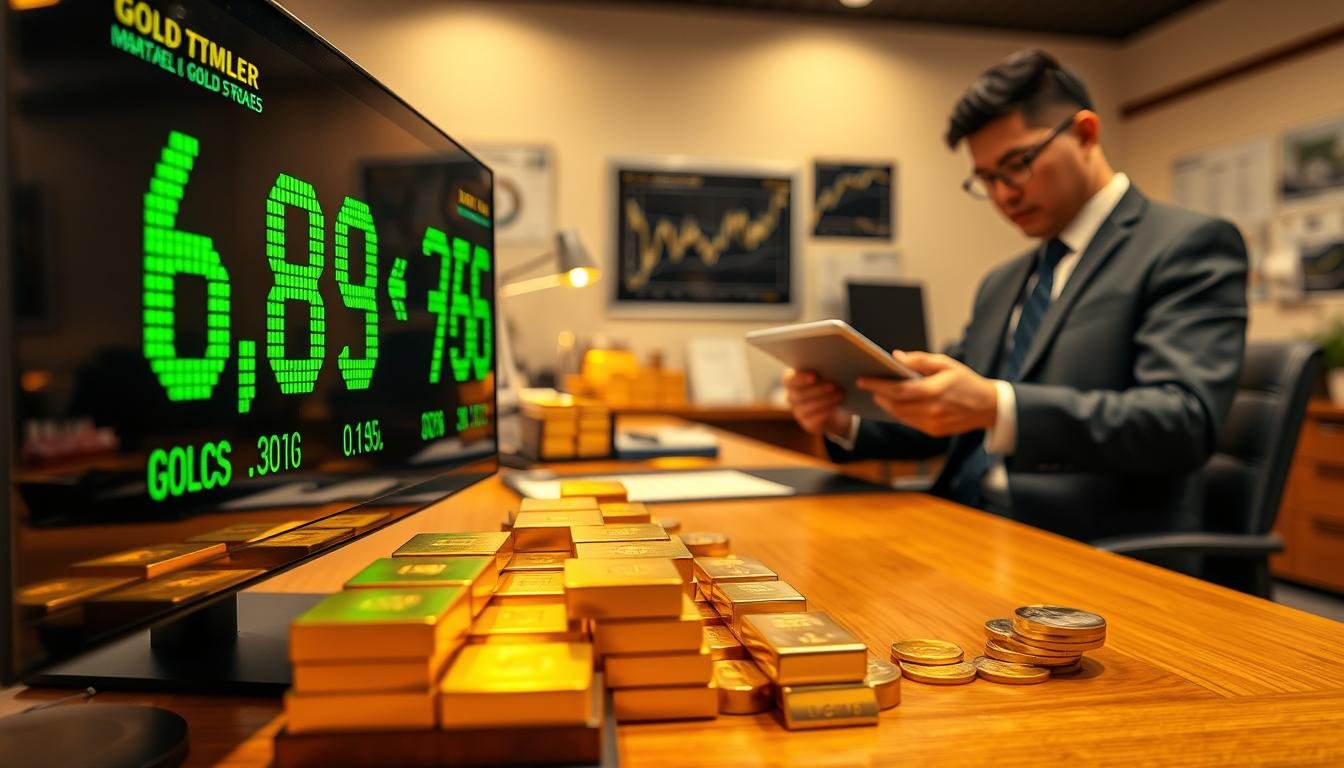 A visually compelling image depicting a gold trader's workspace, focusing on the real-time market price for one tael of gold in Taiwanese dollars. In the foreground, a sleek digital display screen shows fluctuating gold prices, with the numbers illuminated in bright green against a dark background. In the middle ground, a professional businessperson in smart attire uses a tablet to analyze market data, with gold bullion and coins neatly arranged on a wooden table. The background features a well-organized office environment with charts and graphs on the wall, warm lighting creating a focused and serious atmosphere. The image should convey a sense of professionalism and urgency in the financial world, highlighting gold as an investment tool.