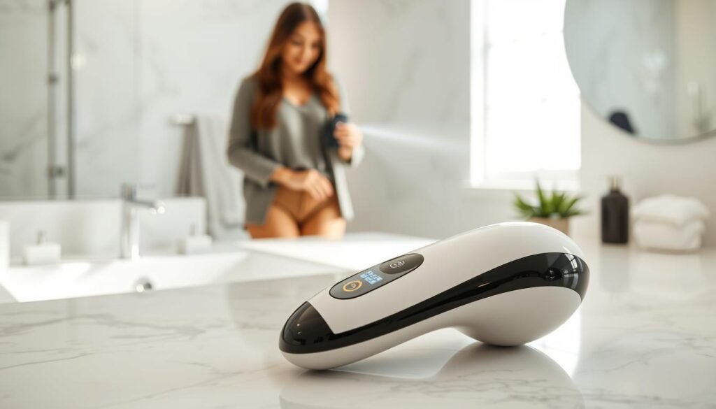 A modern and high-tech home hair removal device displayed on a sleek marble countertop in a well-lit, clean bathroom setting. The device is elegantly designed, featuring a smooth, ergonomic shape, with intuitive buttons and a digital display showing settings. In the foreground, the device is centered, capturing the user's attention. In the middle ground, a woman in modest, casual clothing is seen gently holding the device against her leg, showcasing a subtle beam of laser light for a clear visual representation of its function. The background is softly blurred, highlighting a mirror and some stylish bathroom accessories, creating a serene and professional atmosphere. Natural lighting illuminates the scene, evoking a sense of cleanliness and modernity.
