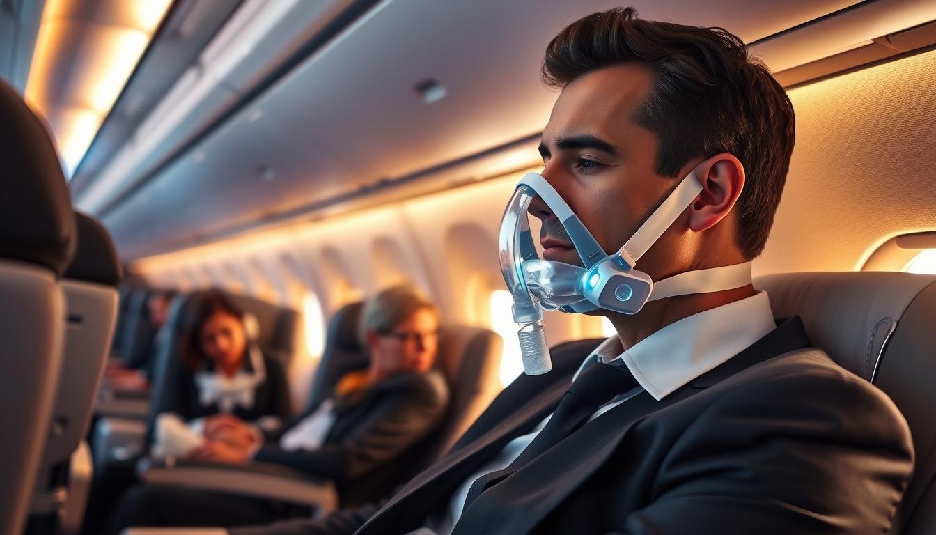 A person in a business attire sitting comfortably in an airplane seat, using a sleep apnea machine with a sleek design. The machine features a clear, illuminated display and a soft, flexible mask securely fitted over the person's nose and mouth. The foreground shows the individual focused and relaxed, while the middle ground captures the airplane cabin with overhead lights casting a warm glow. In the background, other passengers are seated, some resting, demonstrating a peaceful atmosphere. The image is taken from a slight angle to highlight the machine's functionality, with soft focus on the cabin to emphasize the user's experience. The overall mood is calm and reassuring, reflecting the importance of managing health concerns while traveling.