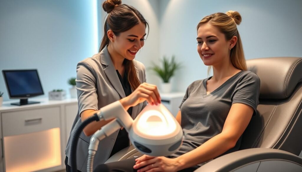 A serene and modern laser hair removal clinic interior, featuring a professional female technician in smart casual attire with a kind expression, attentively demonstrating the laser hair removal device to a patient seated comfortably in a state-of-the-art treatment chair. The foreground shows the technician adjusting the device, with clear attention to detail on the device itself glowing softly. In the middle ground, the patient's expression is relaxed, conveying a sense of trust and comfort. The background highlights a clean, well-lit environment with soothing colors and soft lighting that enhances the peaceful atmosphere. The overall mood is one of professionalism and reassurance, emphasizing the effectiveness and permanence of the laser hair removal process.