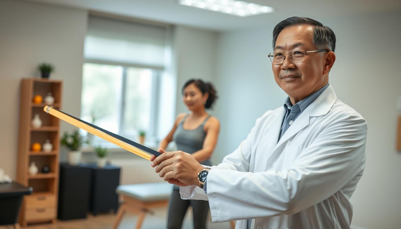A professional physiotherapist demonstrating rehabilitation exercises for acute lower back pain in a well-lit clinic. In the foreground, the physiotherapist, a middle-aged Asian male in a white coat and professional attire, is demonstrating a stretching exercise using a resistance band. His expression conveys focus and empathy towards his patients. In the middle ground, a young adult patient in modest athletic wear is following the exercise, appearing attentive and engaged. The background features therapy equipment and calming decor with natural light streaming through a window. The atmosphere is one of support, professionalism, and healing, reflecting the importance of rehabilitation after sudden lower back pain. The composition is shot from a slightly elevated angle to capture both figures effectively while emphasizing the interaction between the therapist and the patient.