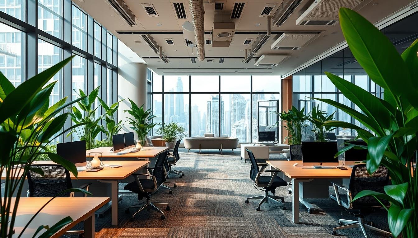 A modern office interior in Hong Kong showcasing a stunning contrast between renovated spaces and furniture configurations, with a focus on budget allocation. In the foreground, tastefully arranged office desks and ergonomic chairs are set against a backdrop of green plants symbolizing sustainability. The middle ground features open collaboration areas with sleek furnishings, large windows allowing natural light to flood the space, and captivating views of the city skyline. In the background, subtle details of a partitioned meeting room demonstrate a blend of traditional and modern design. Use a warm and inviting lighting scheme, with a wide-angle lens capturing the entire room's atmosphere. The mood should feel professional yet relaxed, highlighting a balance between efficiency and comfort in a green office environment.