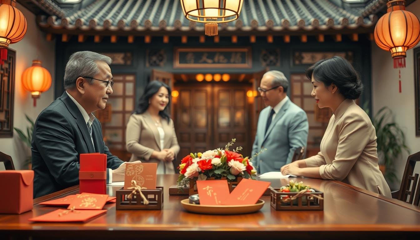 A serene and inviting scene depicting a traditional Taiwanese setting for discussing bridal betrothal amounts. In the foreground, a beautifully arranged table holds symbolic items such as red envelopes and traditional decorations, emphasizing the significance of the negotiation. In the middle ground, two families can be seen engaged in a respectful discussion, dressed in professional business attire, reflecting the importance of this cultural event. The background features a classic Taiwanese architecture, with soft lantern lighting creating a warm, intimate atmosphere. The composition is well-balanced, with a soft focus on the families while the table and decorations are sharply in view. The overall mood should convey respect, tradition, and the significance of familial bonds in this cultural context.